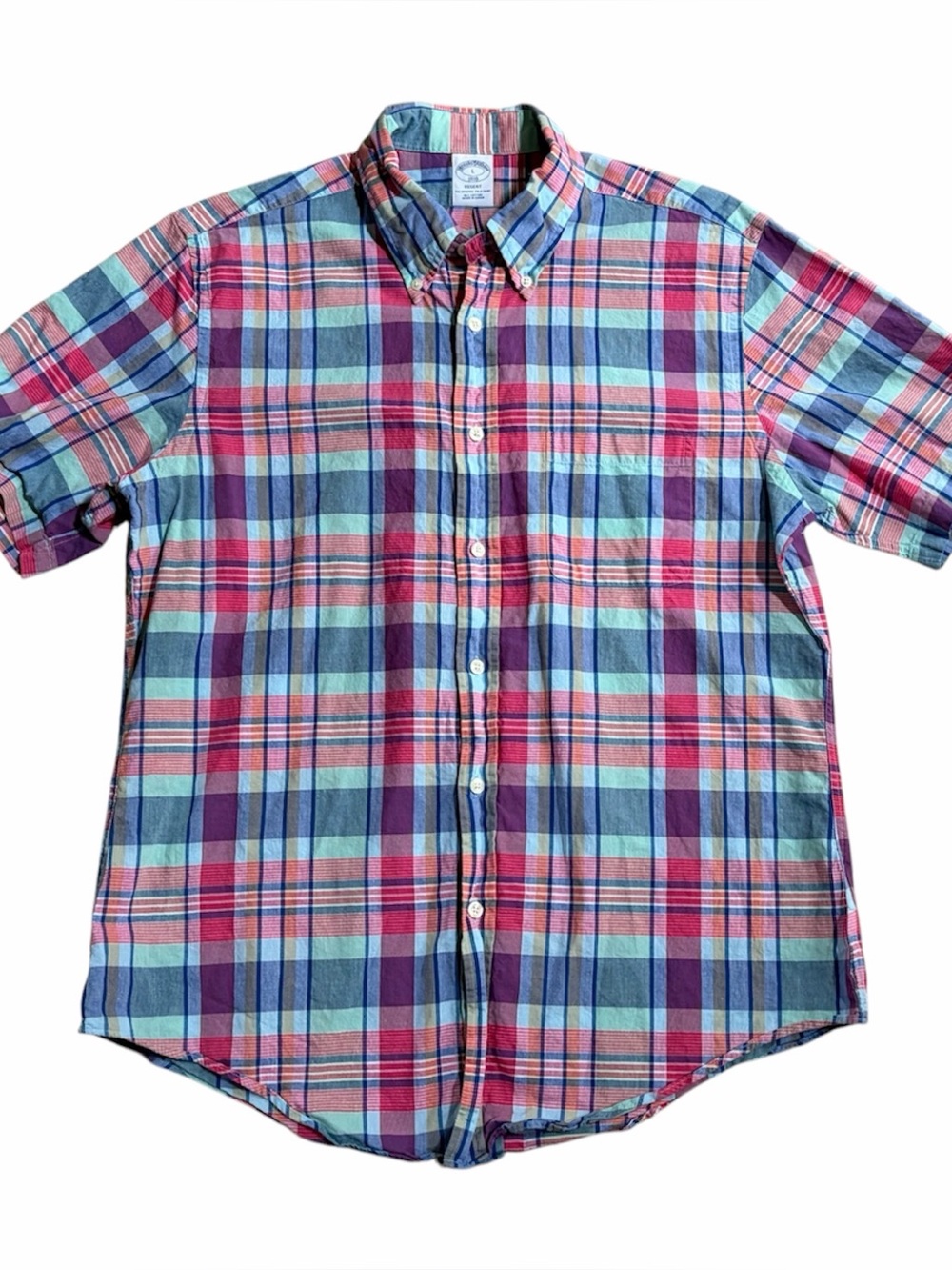 Brooks Brothers Regent Short Sleeve Shirt Large Red Blue Madras Plaid Cotton